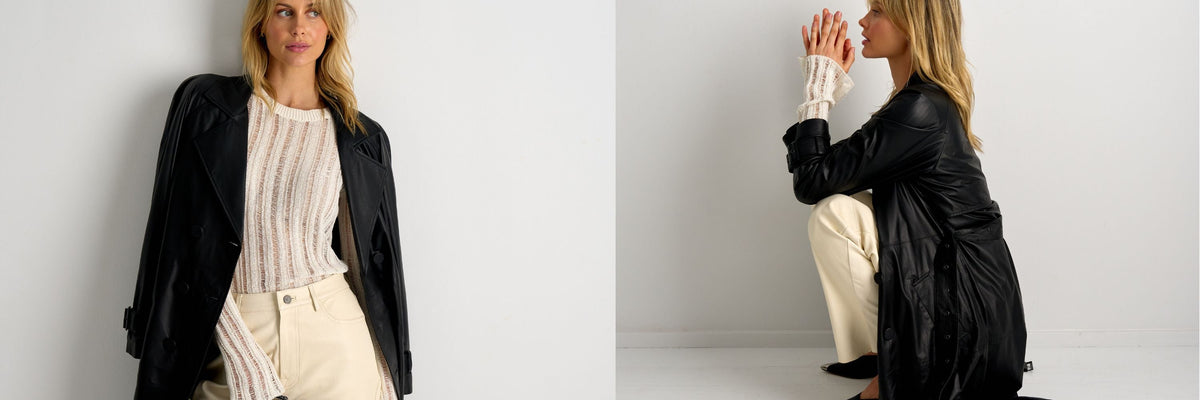 Women's leather trench coats by WEST 14TH: a black leather trench coat worn with cream pants