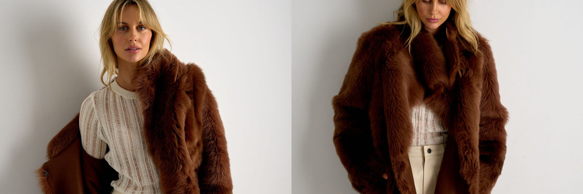 Women's shearling coats by WEST 14TH: a brown shearling coat worn with a cream knit