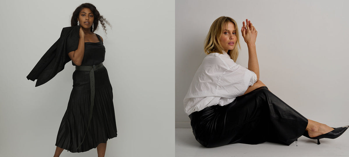 WEST 14TH leather wardrobe: a black leather jacket with a leather skirt, and a white shirt with a black leather skirt
