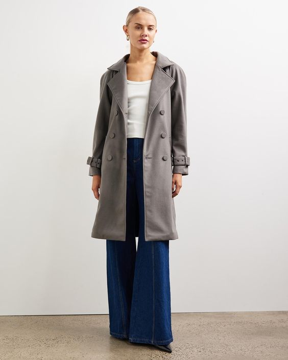 Soho Slouch Leather Trench Grey Wool