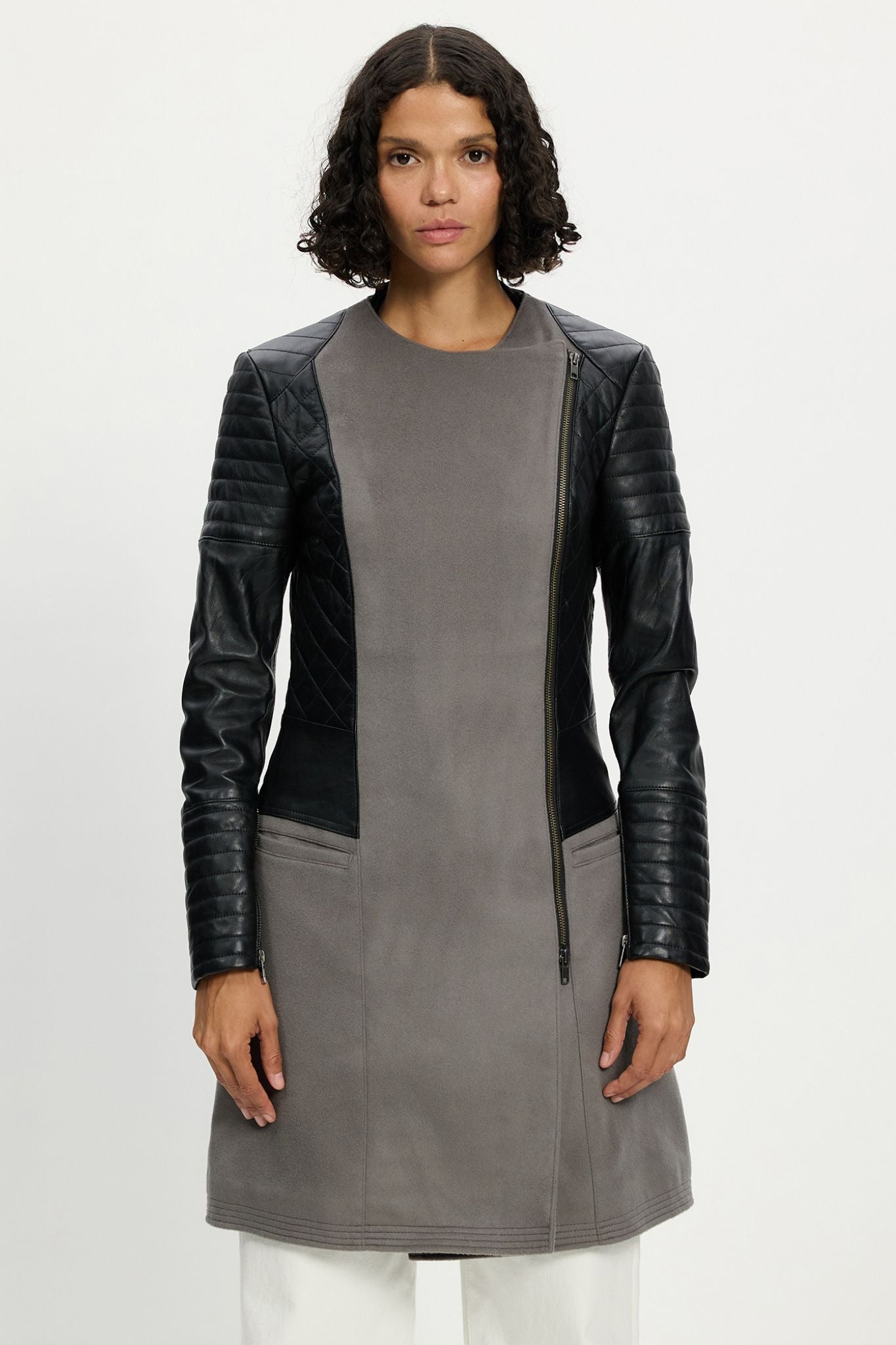 Greenwich Drape Coat in Grey Wool & Black Leather