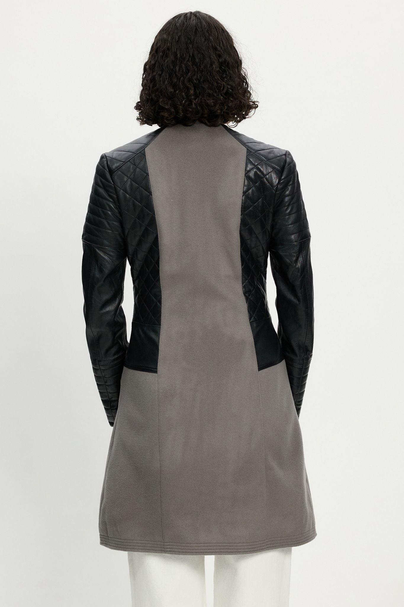 Greenwich Drape Coat in Grey Wool & Black Leather