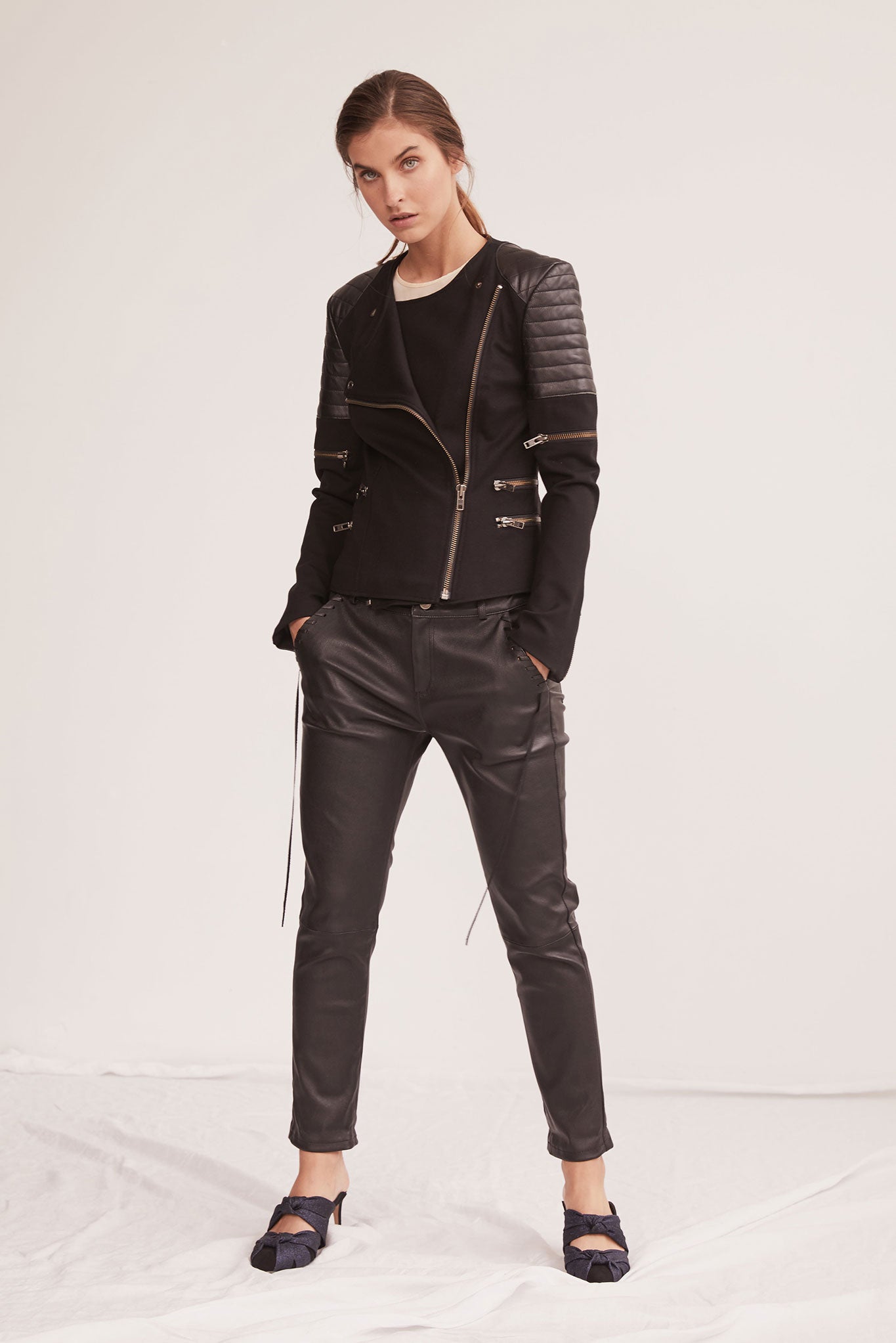 Greenwich St Motor Jacket in Italian Ponte & Black Leather - SAMPLE