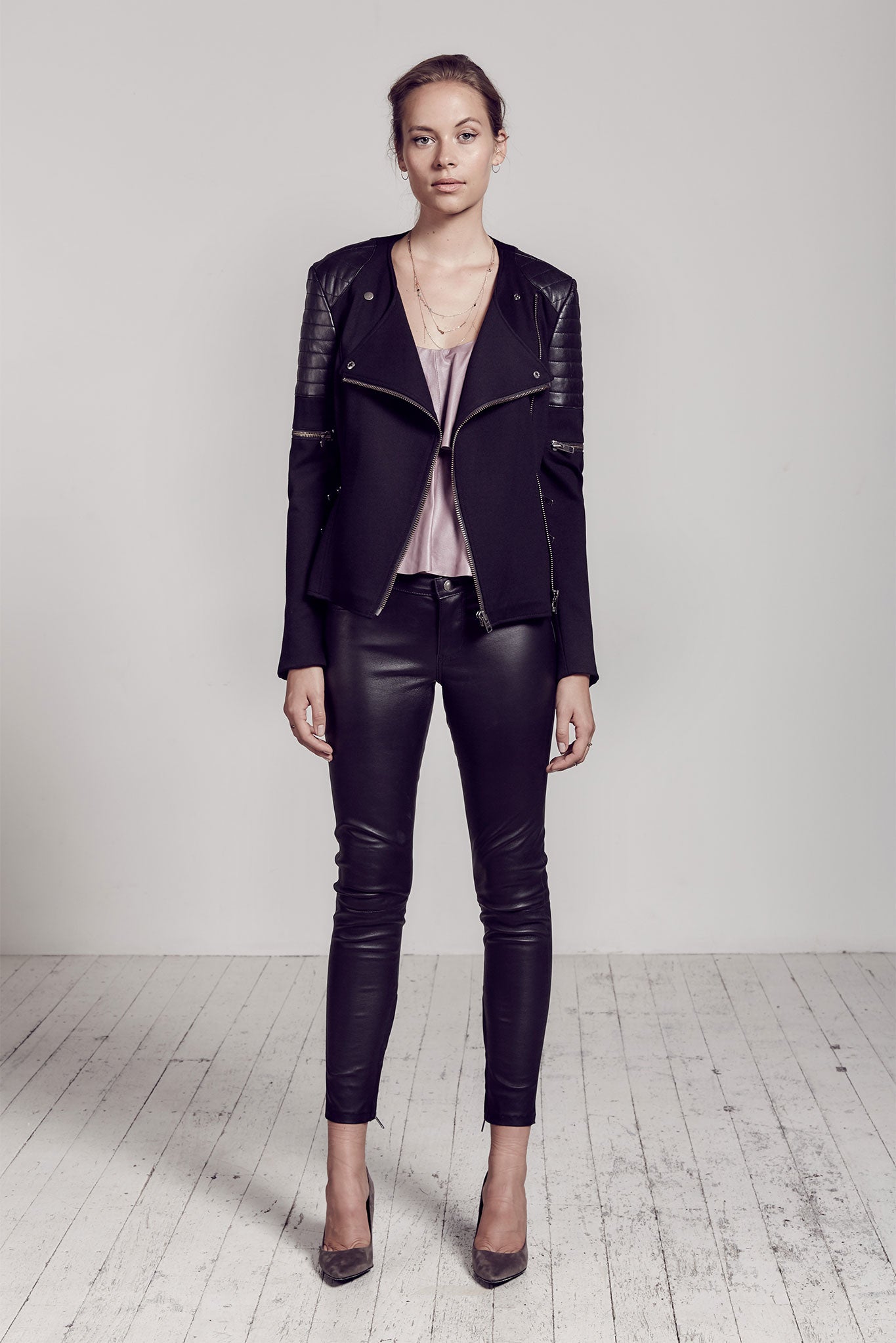Greenwich St Motor Jacket in Italian Ponte & Black Leather - SAMPLE