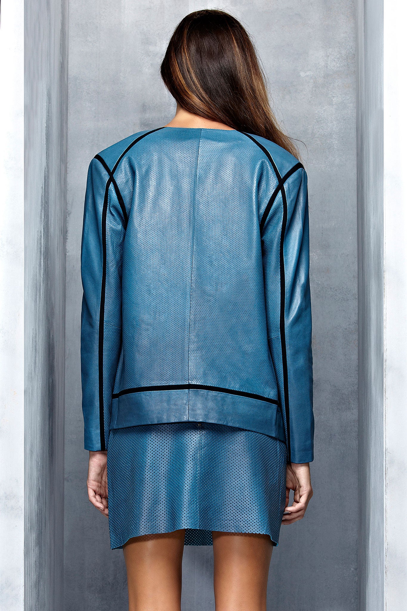 Astor Clean Neck Box Jacket Hudson Blue Leather - SAMPLE