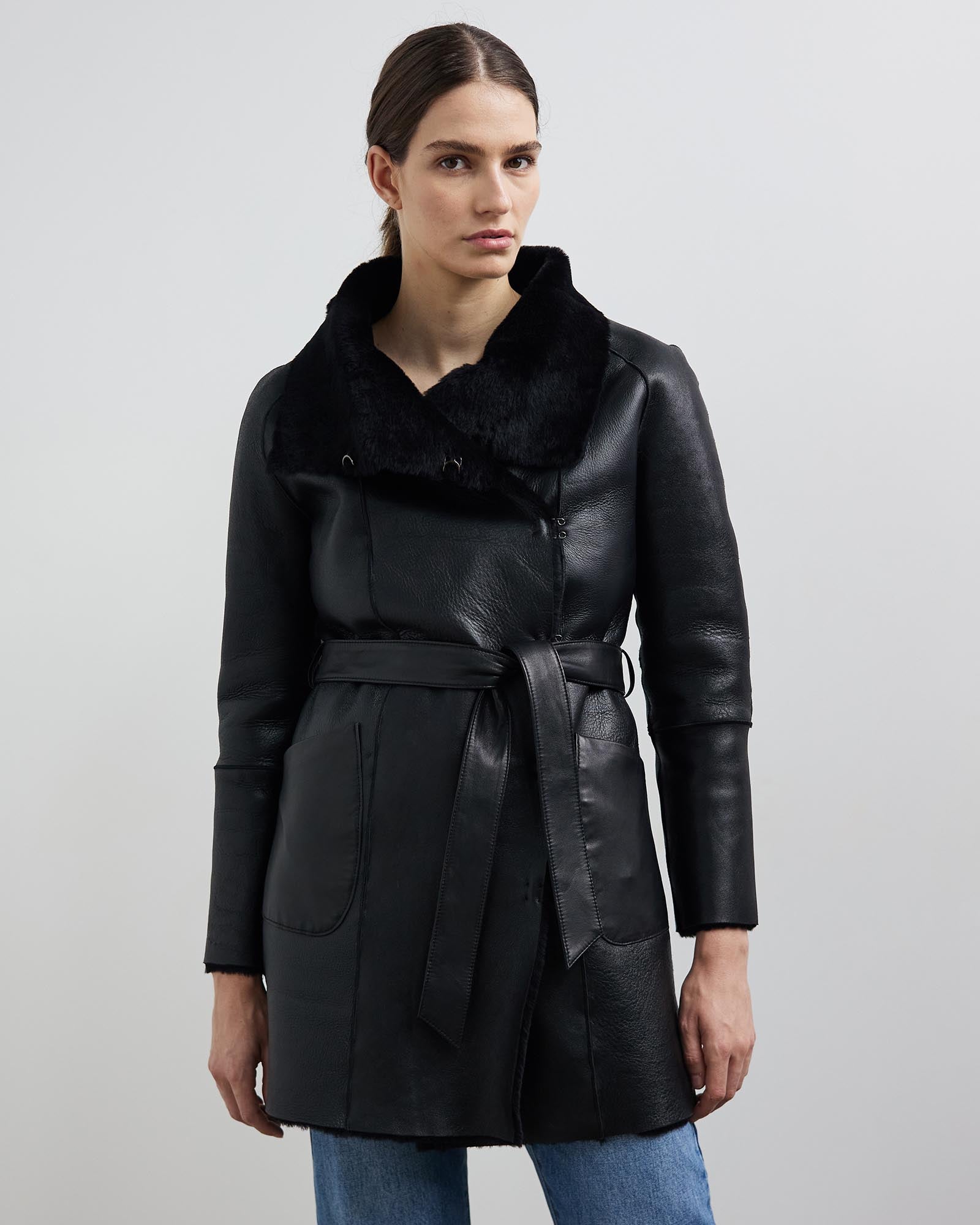 Chelsea Slouch Shearling Coat Black Shearling