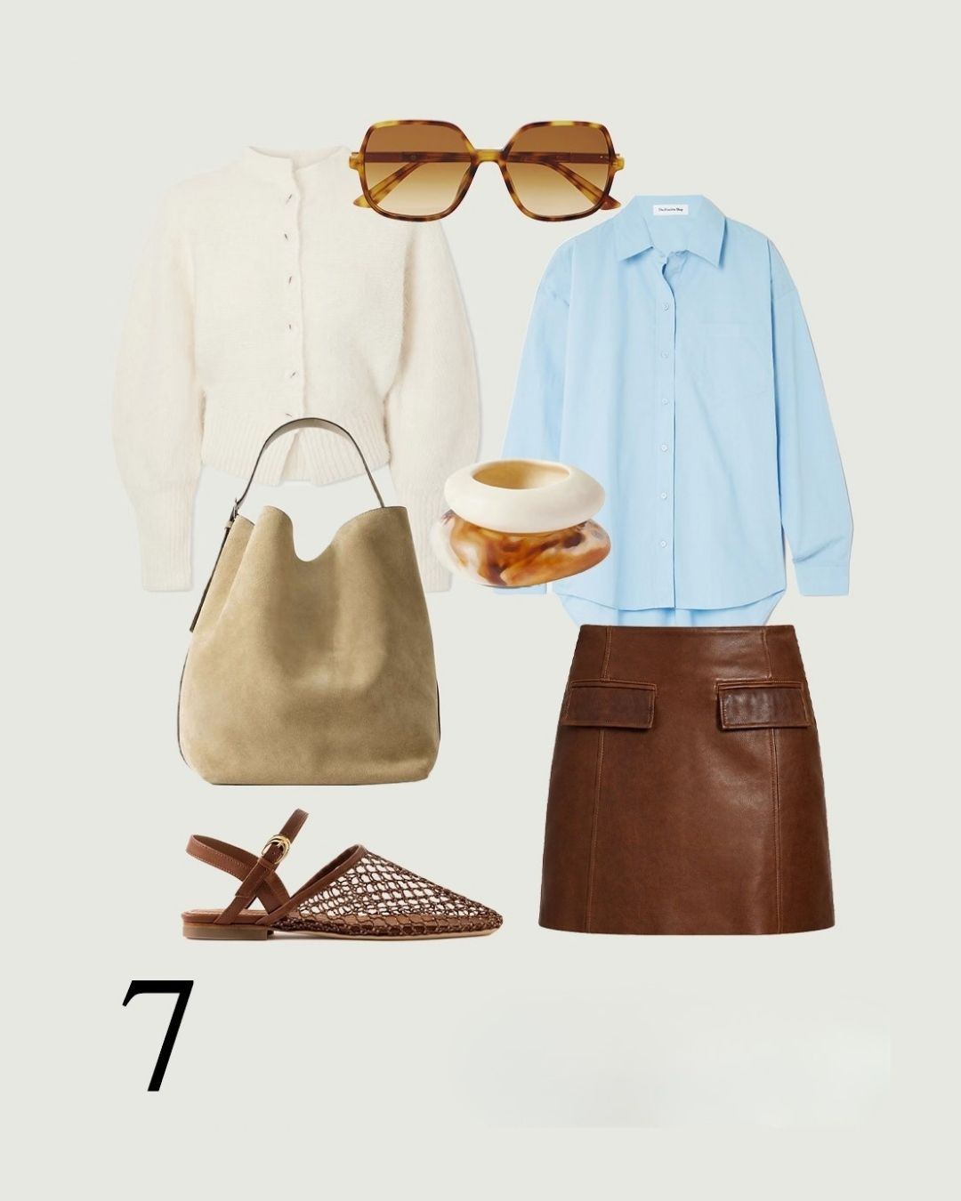 Vintage Chocolate leather mini skirt flat lay styled with a blue shirt, cream cardigan and a taupe suede tote.