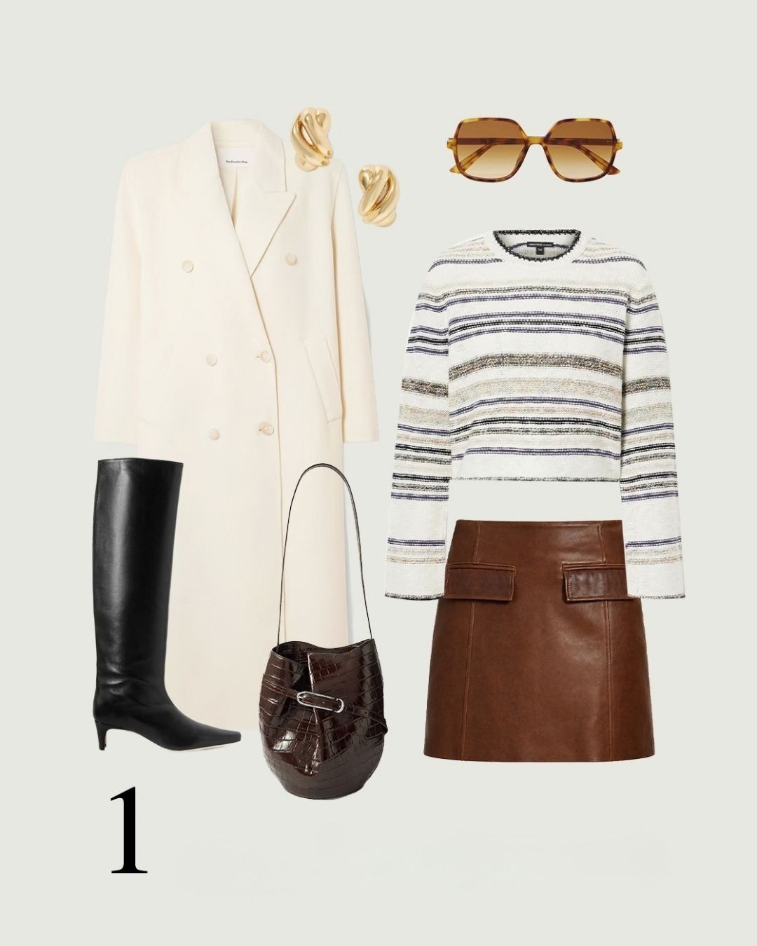 Vintage Chocolate leather mini skirt flat lay styled for day with a striped knit, cream coat and knee-high boots.