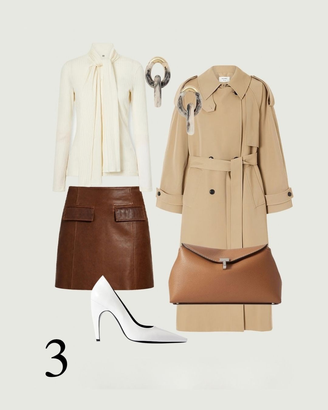 Vintage Chocolate leather mini skirt flat lay styled with a cream tie-neck blouse, camel trench coat and white heels.