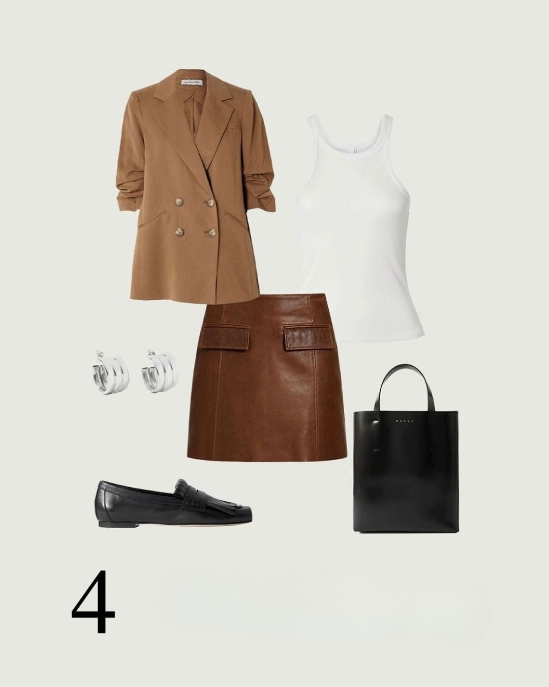 Vintage Chocolate leather mini skirt flat lay styled with a camel blazer, white tank, black tote and loafers.