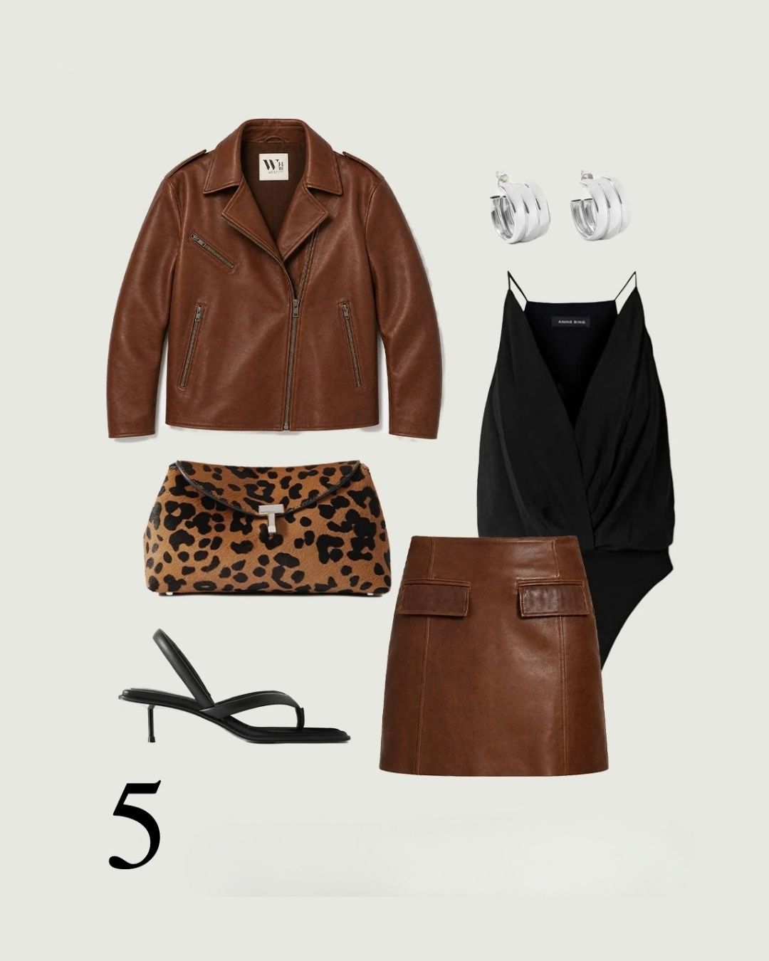 Vintage Chocolate leather mini skirt flat lay styled with a brown leather biker jacket, black top and leopard-print clutch.