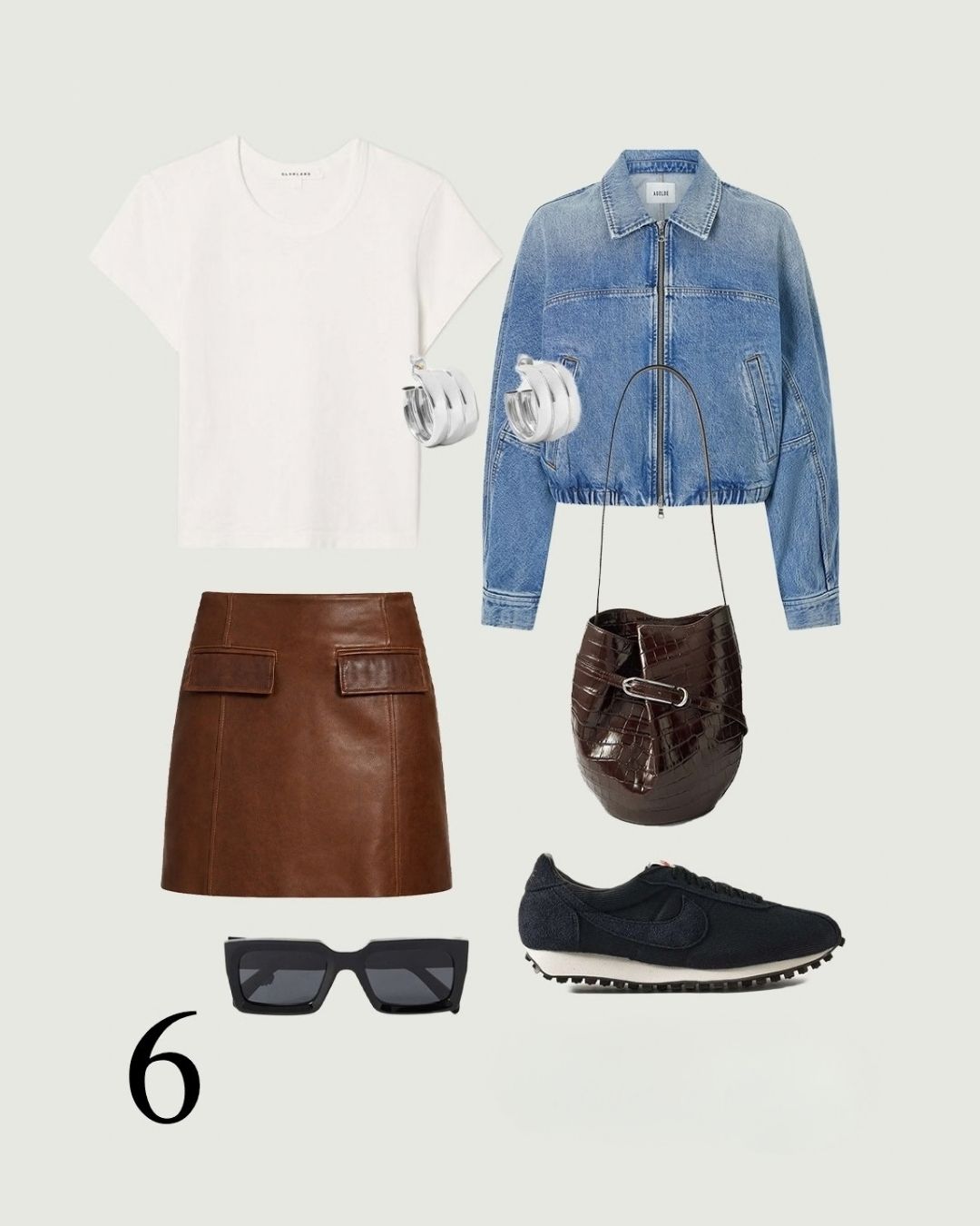 Vintage Chocolate leather mini skirt flat lay styled with a white tee, denim jacket, black sneakers and a croc bag.
