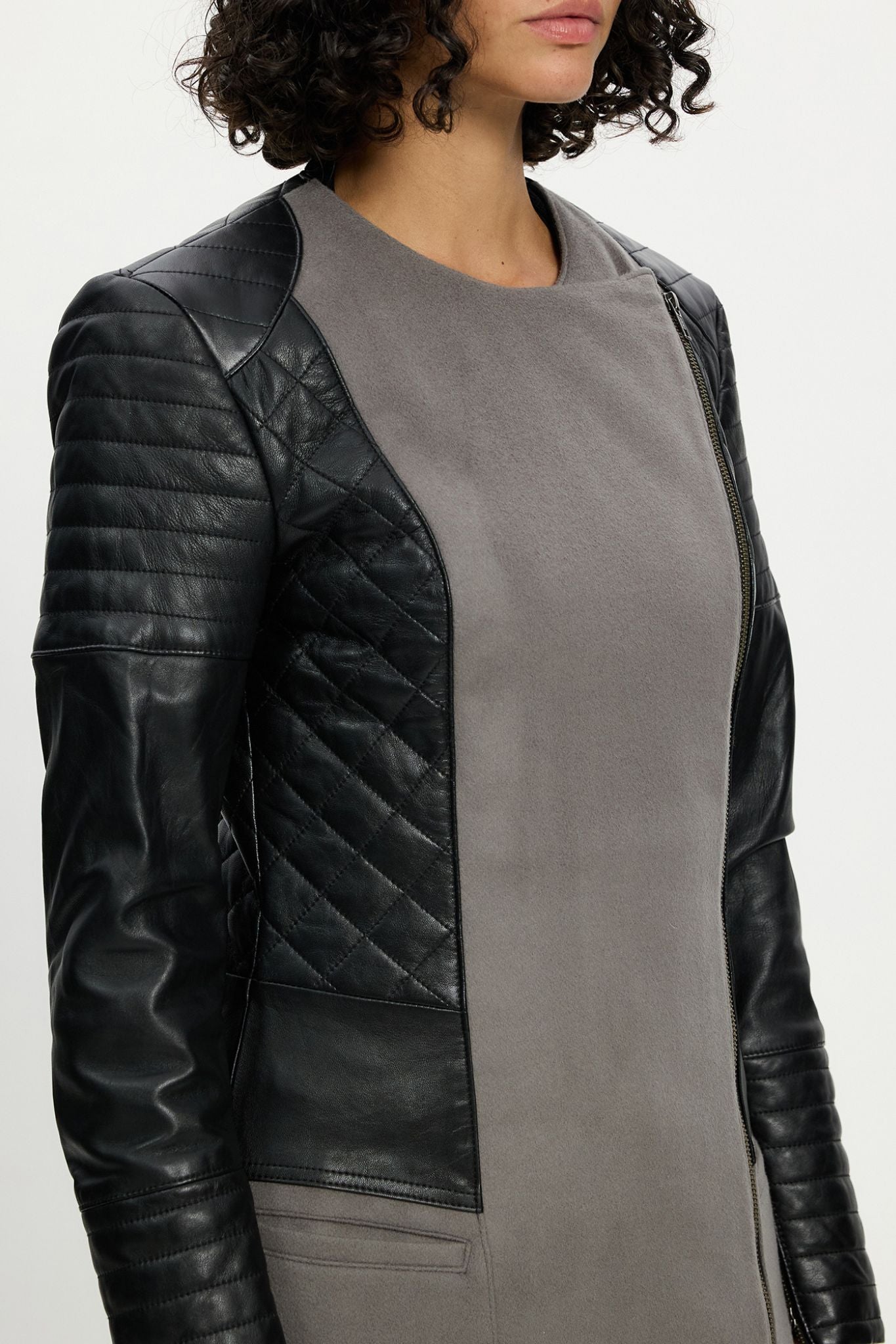 Greenwich Drape Coat in Grey Wool & Black Leather