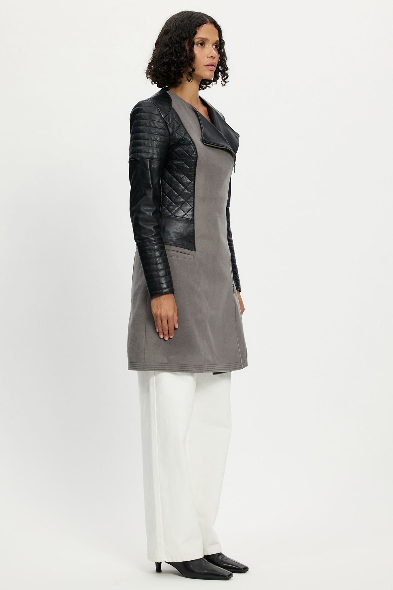 Greenwich Drape Coat in Grey Wool & Black Leather