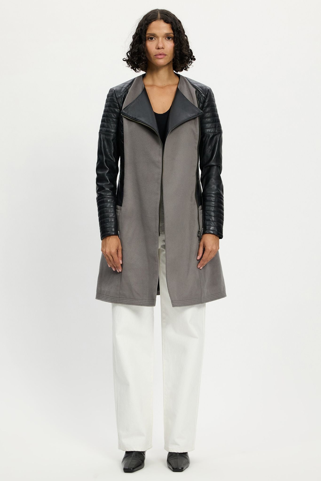 Greenwich Drape Coat in Grey Wool & Black Leather