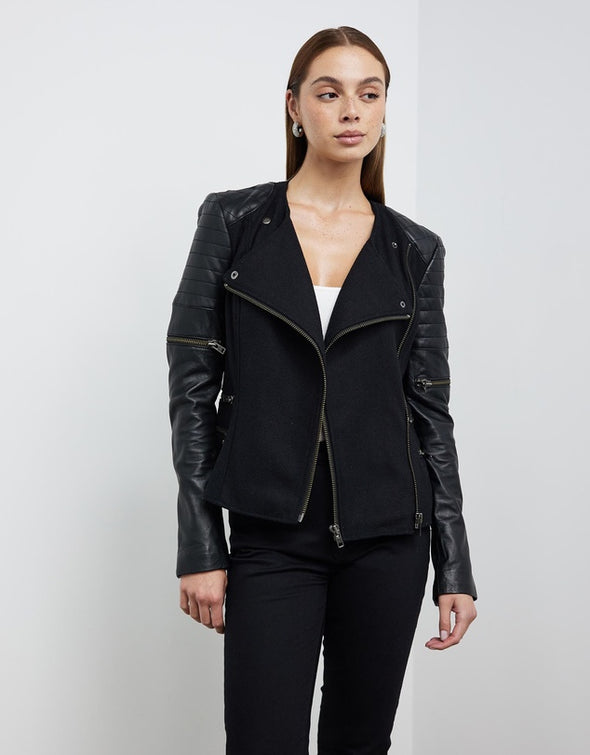 Greenwich St Motor Jacket in Black Wool & Black Leather