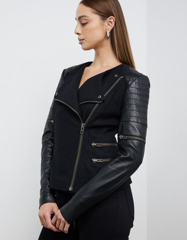 Greenwich St Motor Jacket in Black Wool & Black Leather