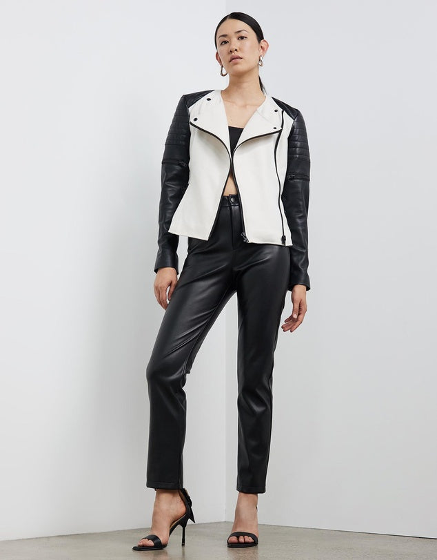 Greenwich St Motor Jacket in Chalk White Wool & Black Leather