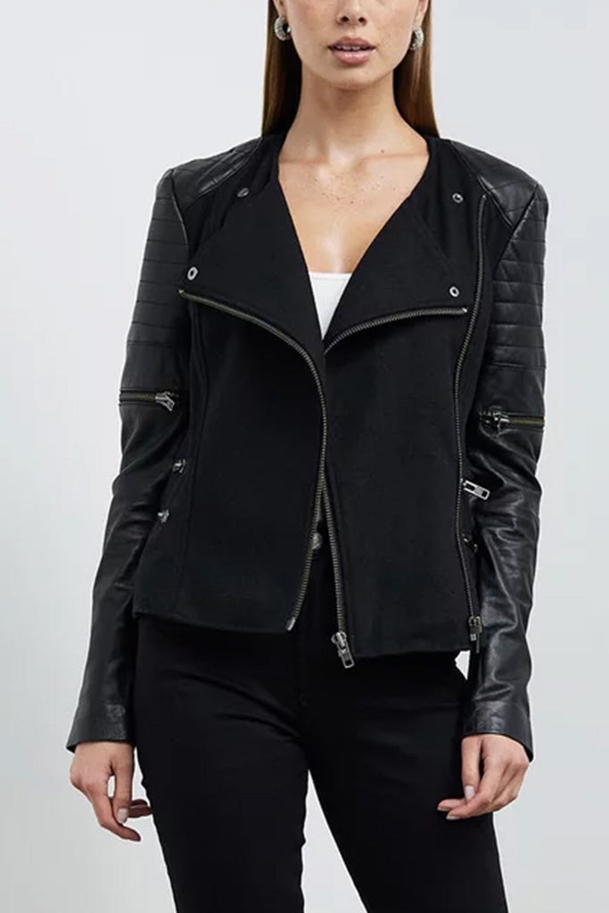 Greenwich St Motor Jacket in Black Wool & Black Leather