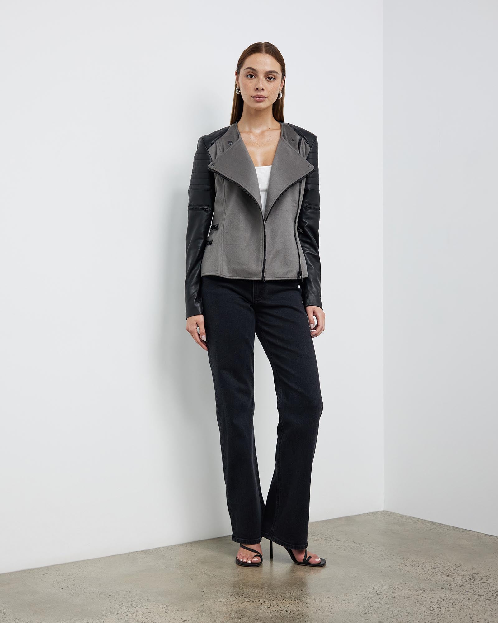 Greenwich St Motor Jacket in Grey Wool & Black Leather