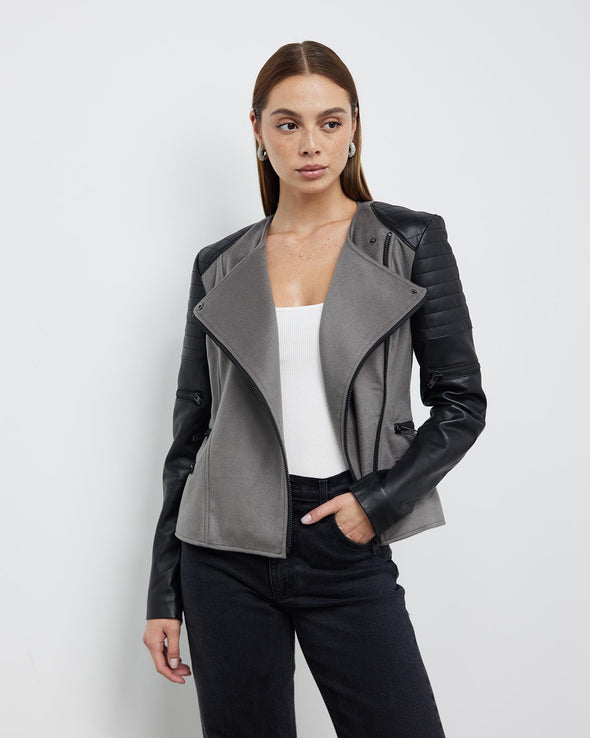Greenwich St Motor Jacket in Grey Wool & Black Leather