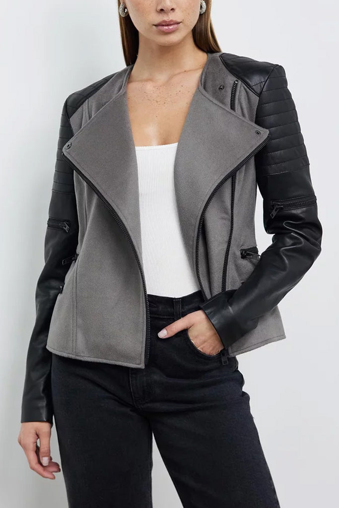 Greenwich St Motor Jacket in Grey Wool & Black Leather