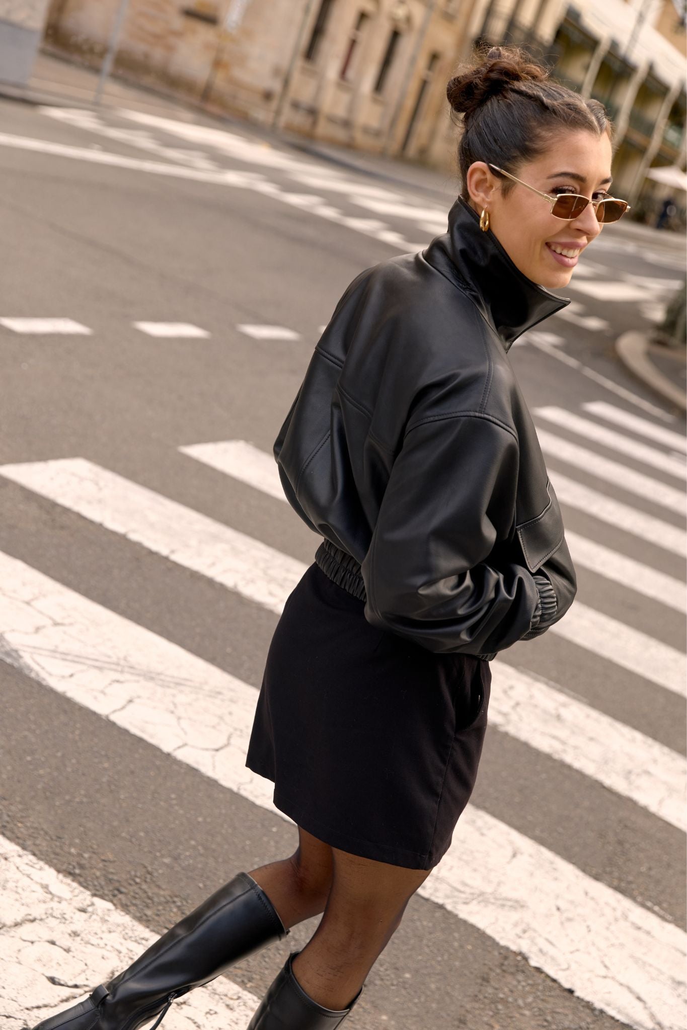 Bedford Bomber Funnel Neck Jacket Black Leather