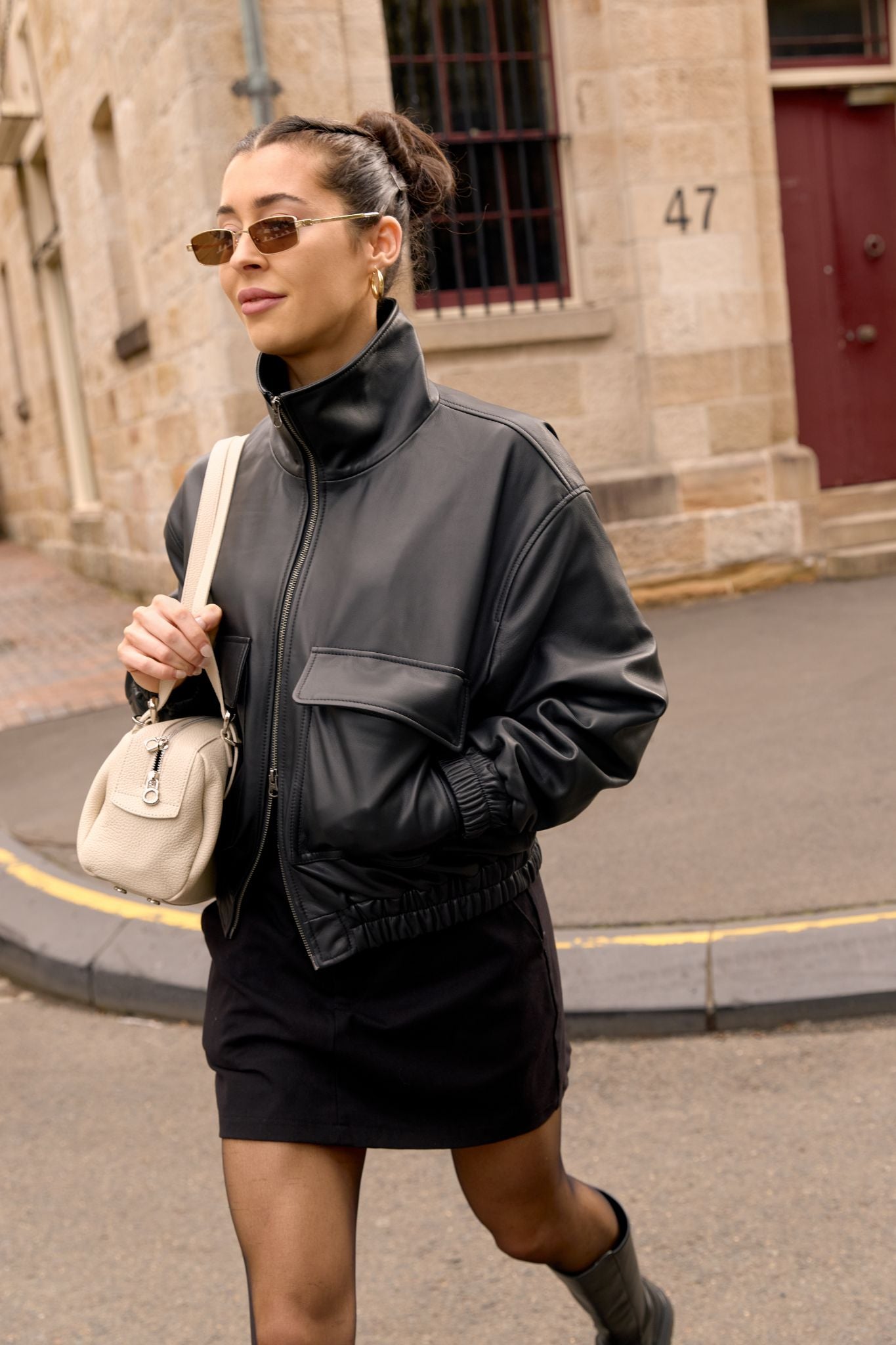 Bedford Bomber Funnel Neck Jacket Black Leather