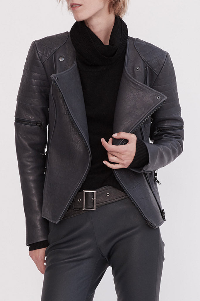 Greenwich Street Motor Jacket in Bubble Ink Leather - SAMPLE