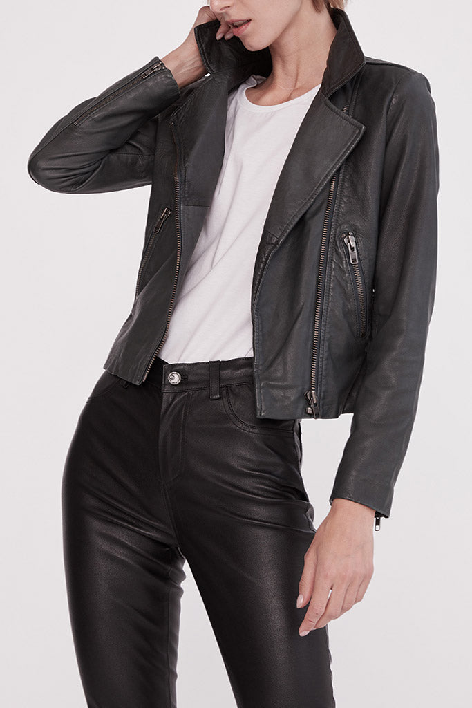 The New Yorker Motor Charcoal Womens Lambskin Leather Jacket by