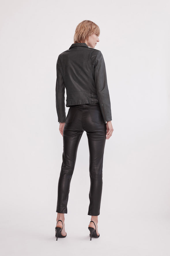 The New Yorker Motor Jacket Worn In Charcoal Leather