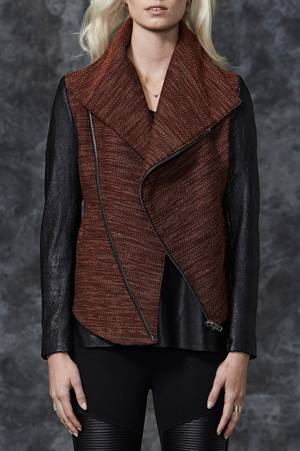 Nolita Drape Jacket Andean Orange & Embossed Jaguar Spot Leather Sleeves - SAMPLE