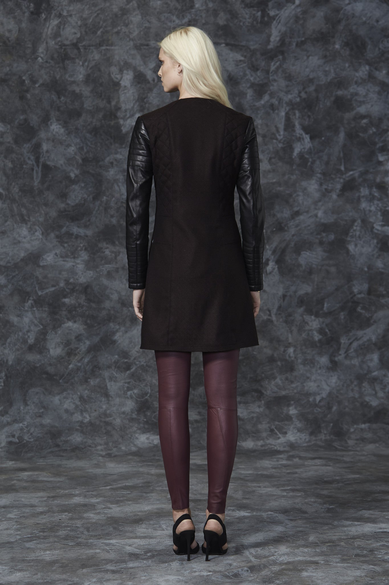 Greenwich Long Drape Coat in Malbec Wool & Black Leather- SAMPLE