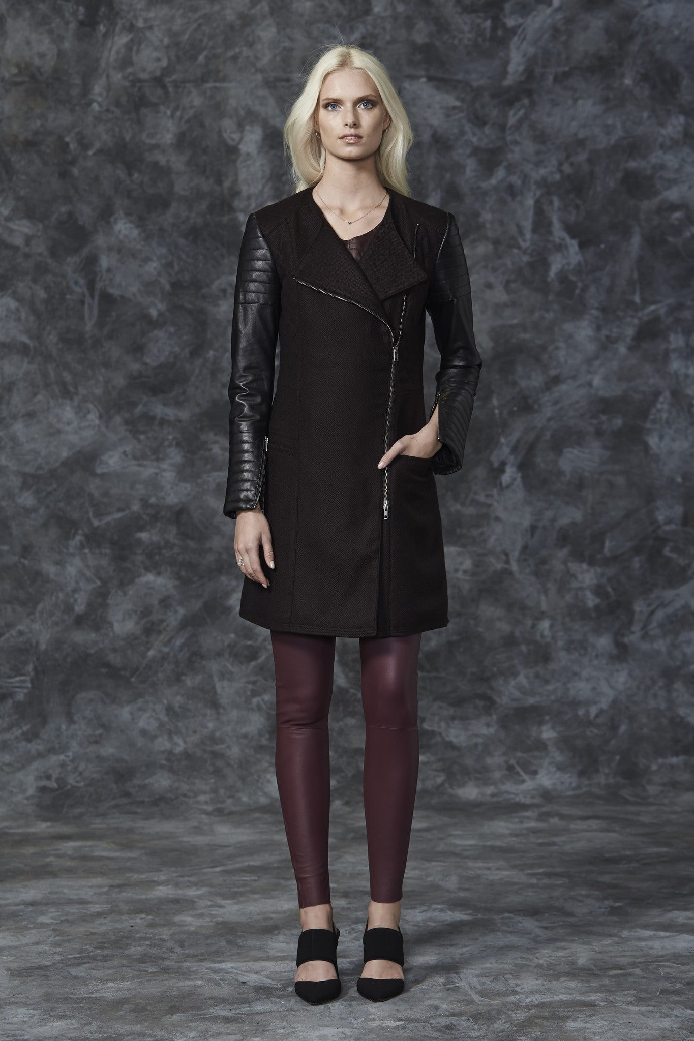 Greenwich Long Drape Coat in Malbec Wool & Black Leather- SAMPLE