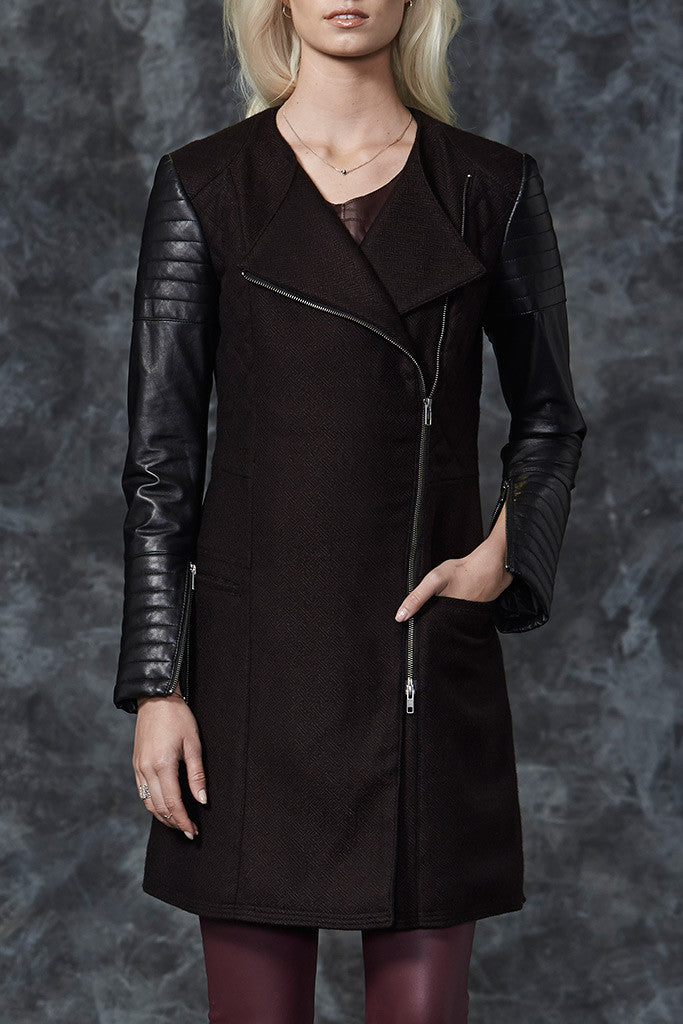 Greenwich Long Drape Coat in Malbec Wool & Black Leather- SAMPLE