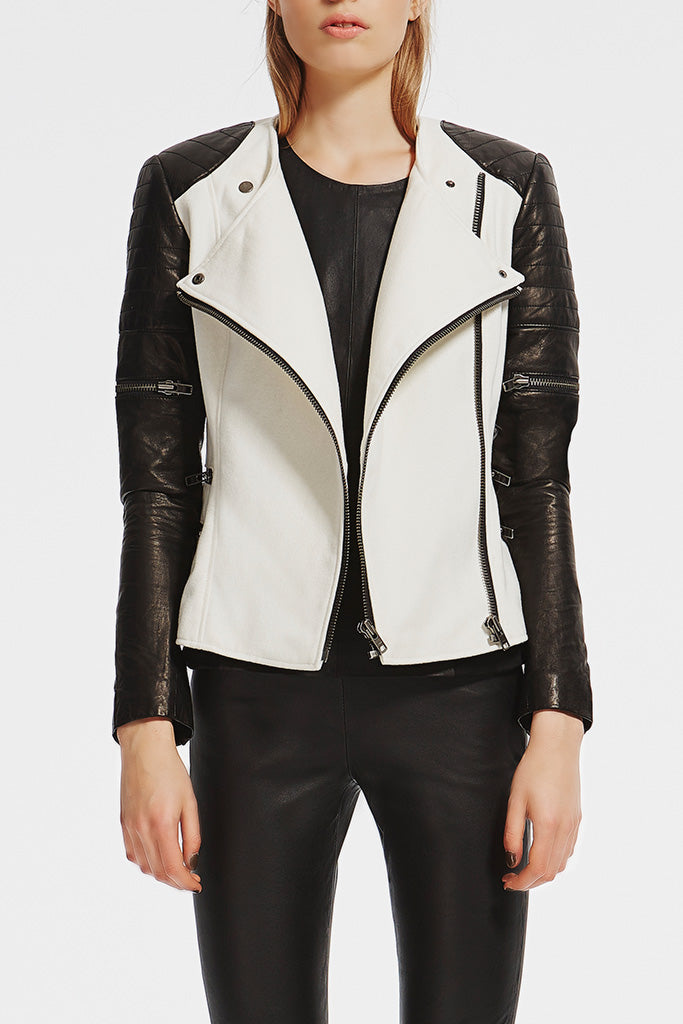 Greenwich St Motor Jacket in Chalk White Wool & Black Leather