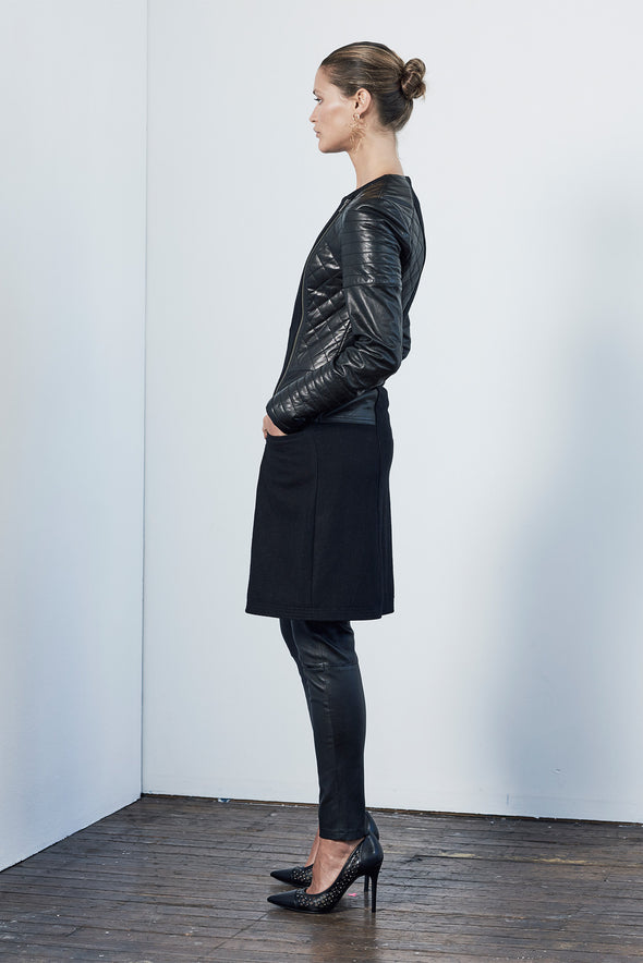 Greenwich Drape Coat in Black Wool & Leather