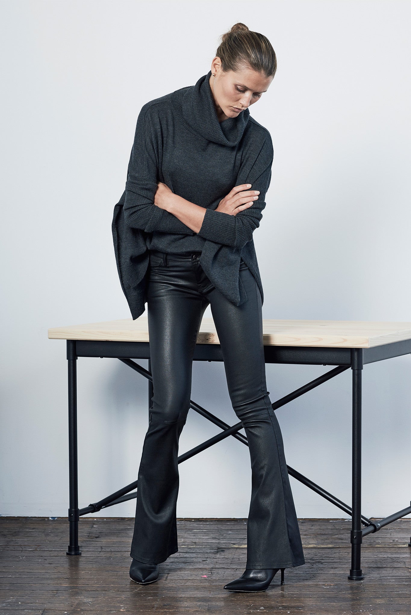 Bowery Flare Pant in Black Stretch Leather - SAMPLE