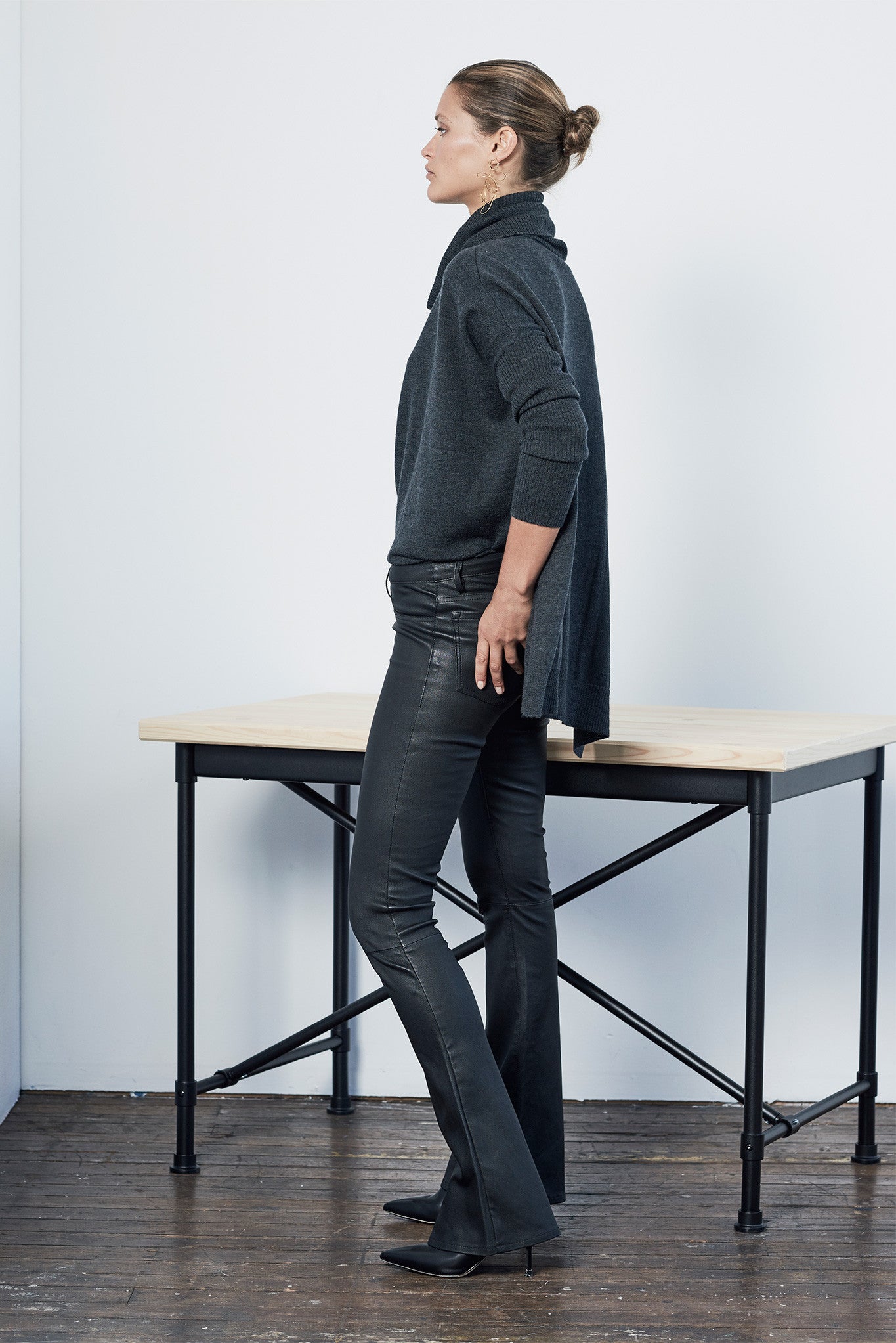 Bowery Flare Pant in Black Stretch Leather - SAMPLE