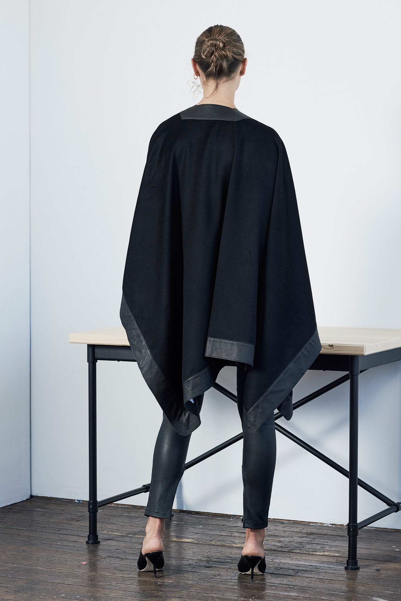 Lexington Wrap Cape in Black Wool & Leather