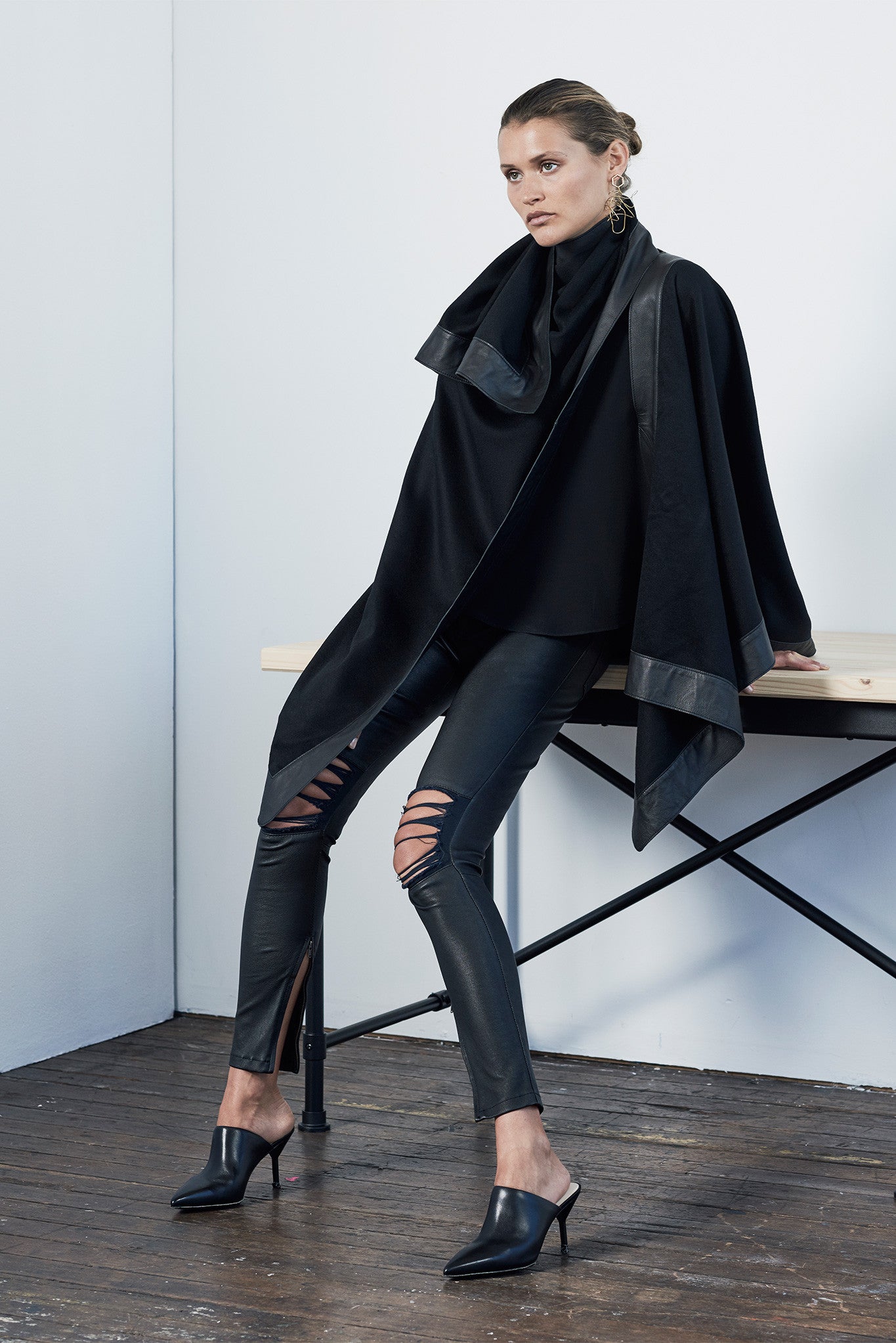 Lexington Wrap Cape in Black Wool & Leather