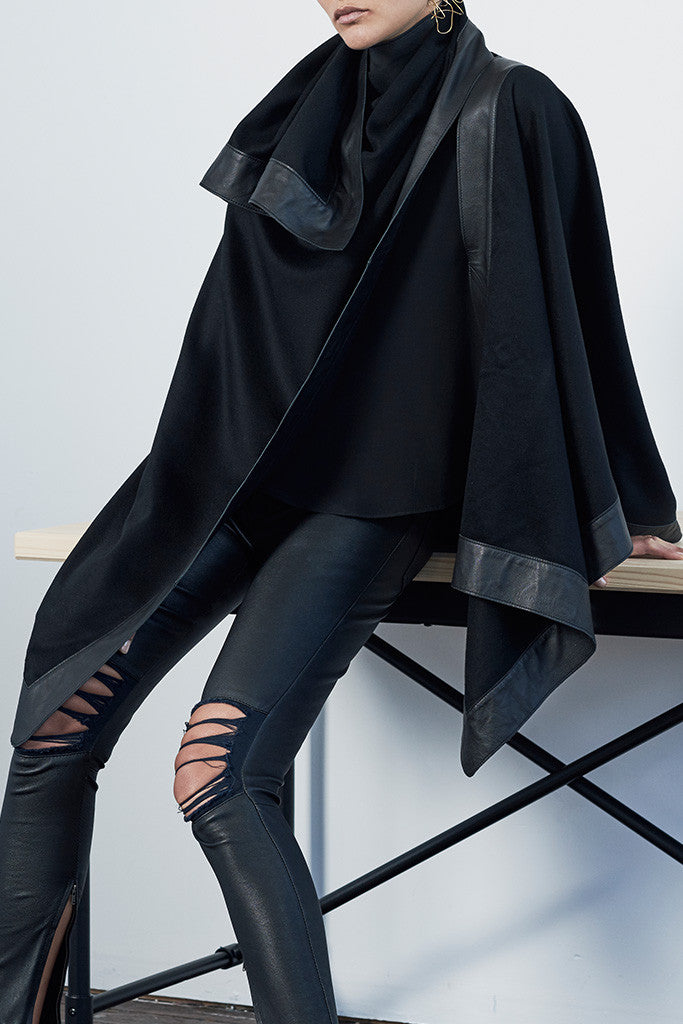 Lexington Wrap Cape in Black Wool & Leather