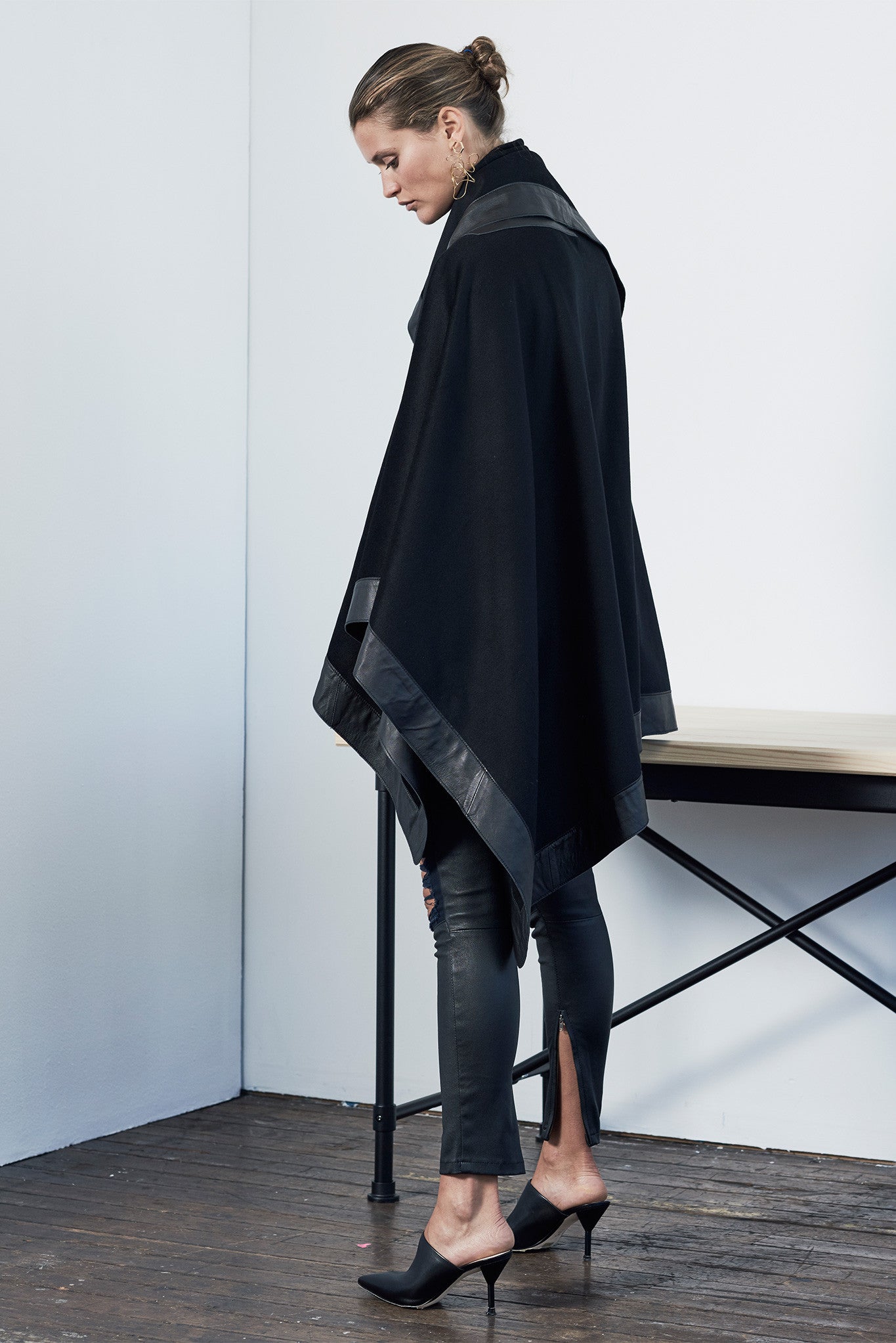 Lexington Wrap Cape in Black Wool & Leather