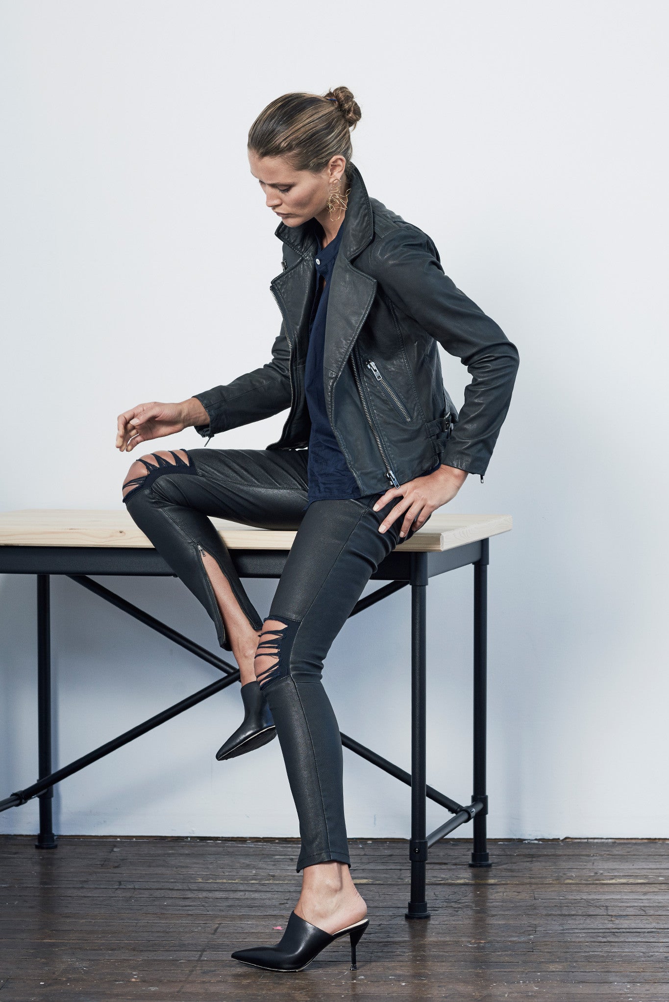 The New Yorker Motor Jacket Worn In Charcoal Leather