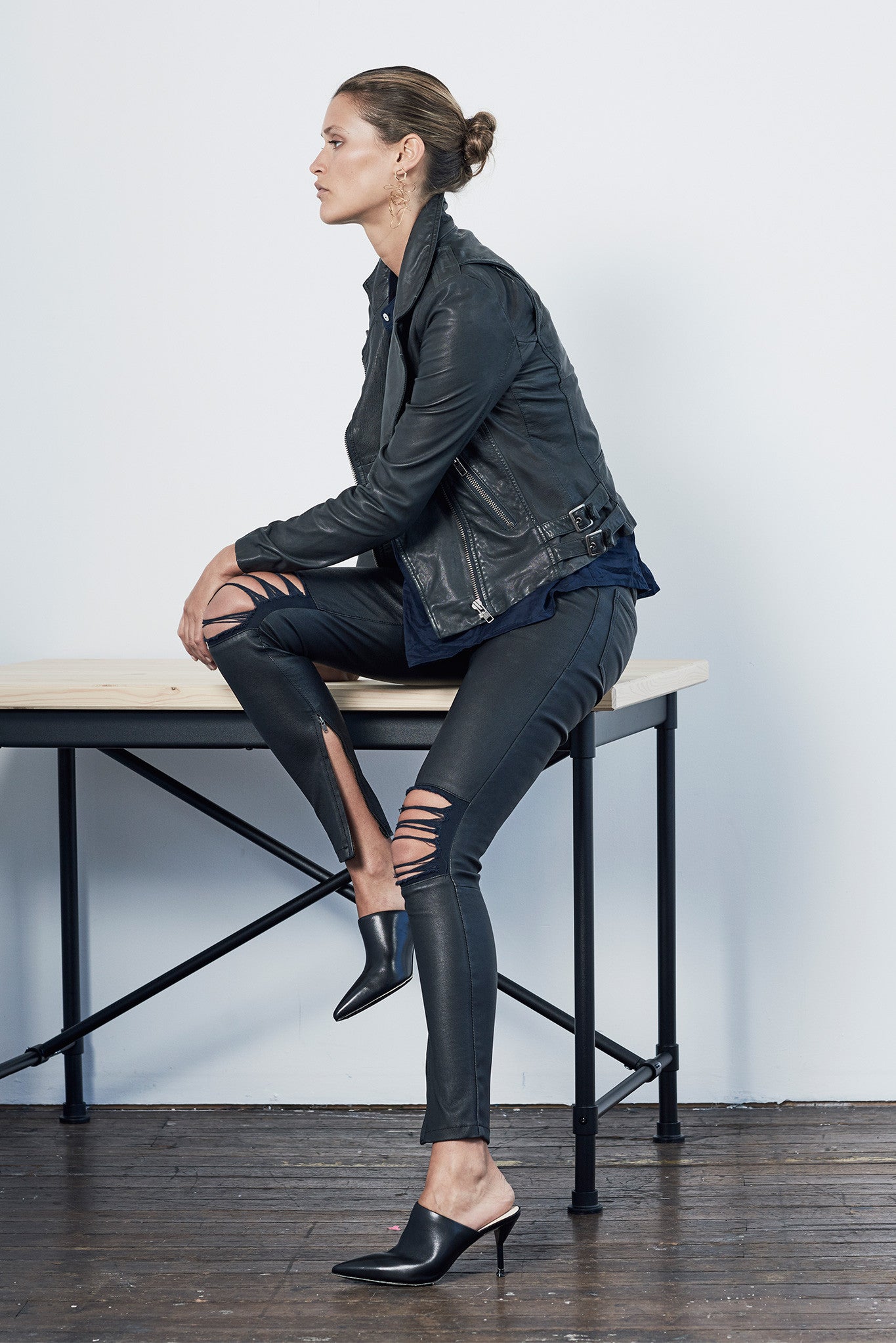 The New Yorker Motor Jacket Worn In Charcoal Leather