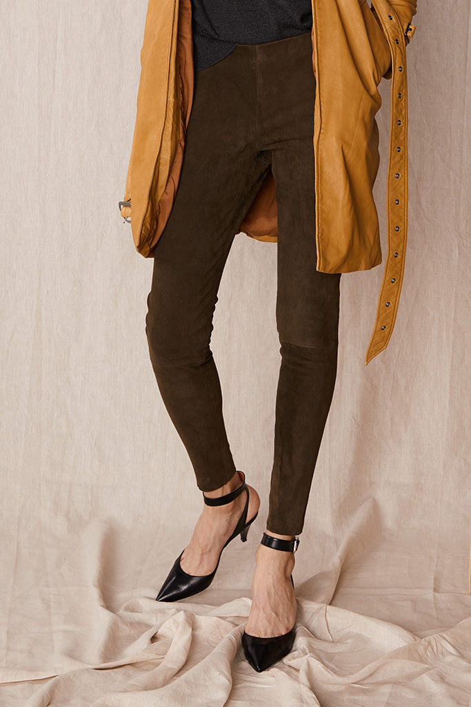 West Broadway Legging Olive Stretch Suede Leather - SAMPLE