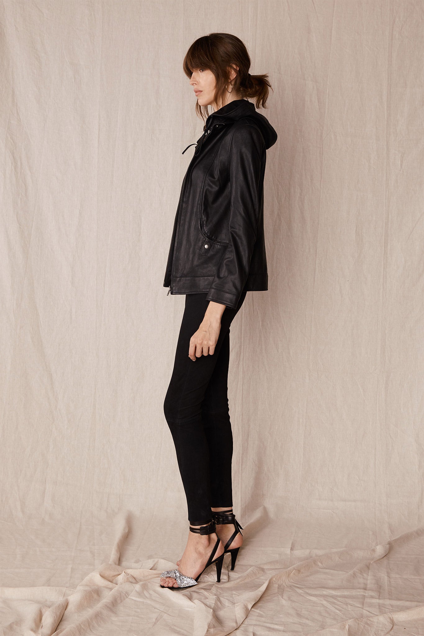 Union Square Hooded Bomber Black Leather - SAMPLE