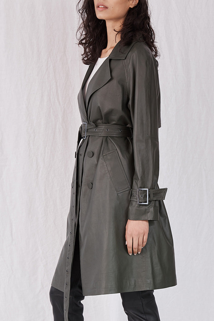 Green hot sale leather trench