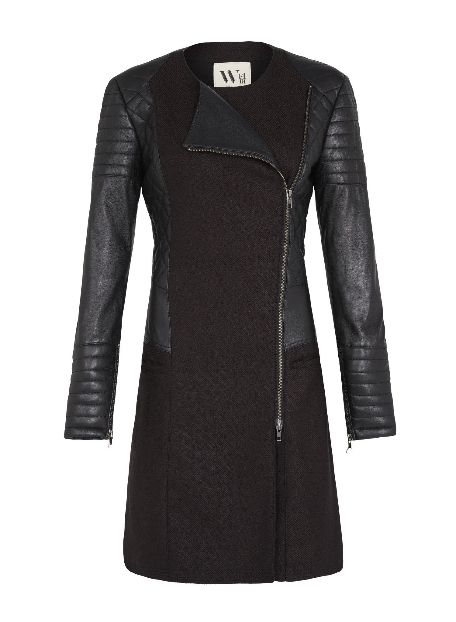 Greenwich Long Drape Coat in Malbec Wool & Black Leather- SAMPLE