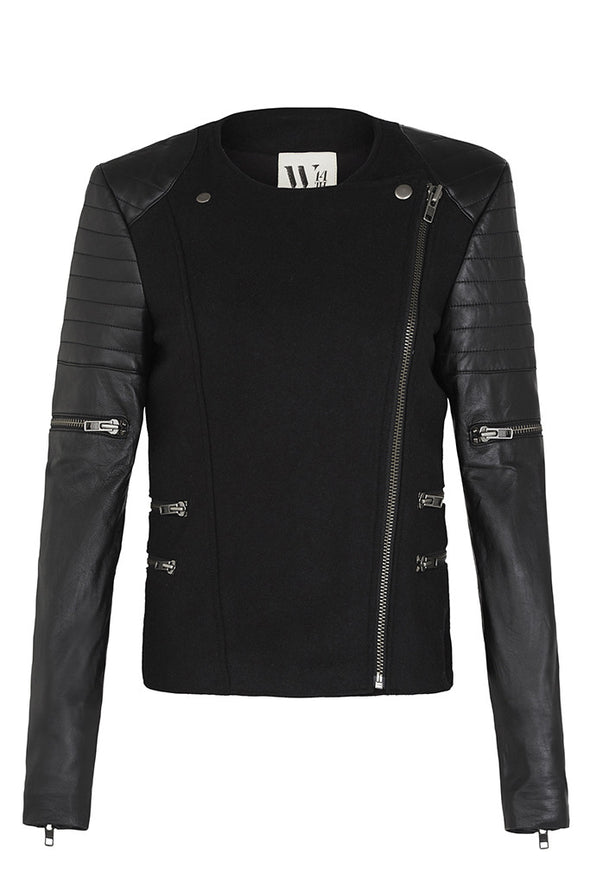 Greenwich St Motor Jacket in Black Wool & Black Leather